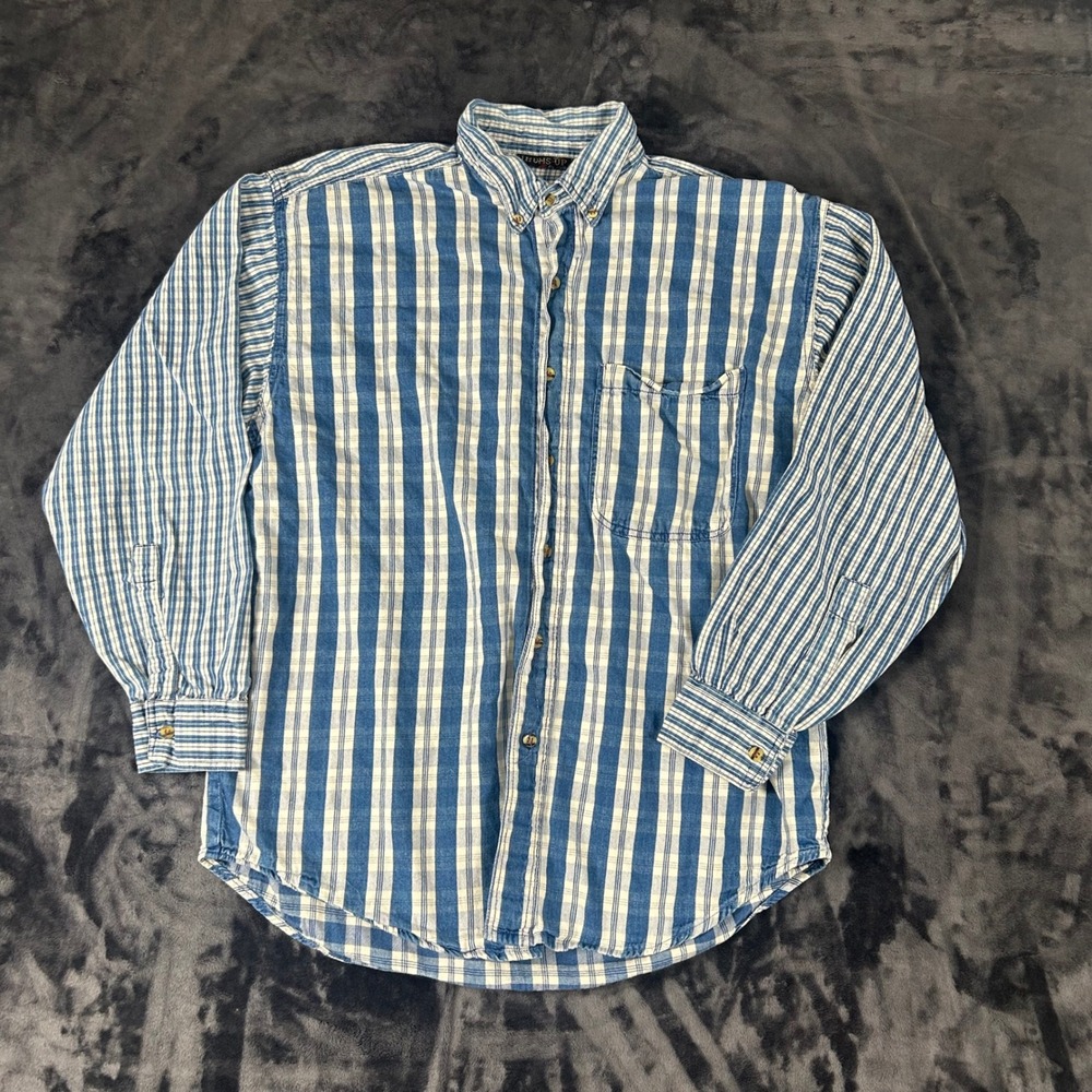 Thums Up Button Down Shirt Mens Large Blue Striped Mixed Pattern Long Sleeve